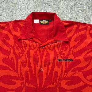 Harley Davidson Camp Shirt Men M Red Flames Graphic Vintage Korea Short Sleeve